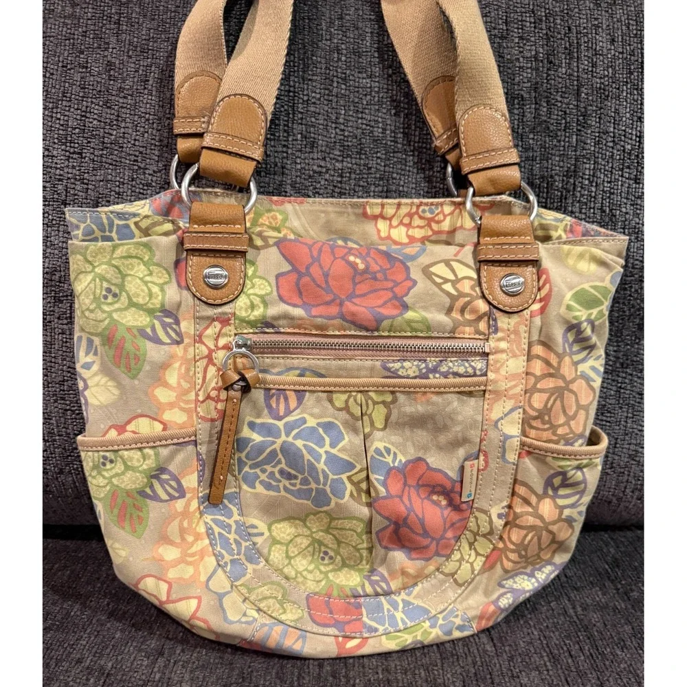 Fossil Key-Per Floral Hobo Tote Bag Canvas & Leather Trim Shoulder Purse
